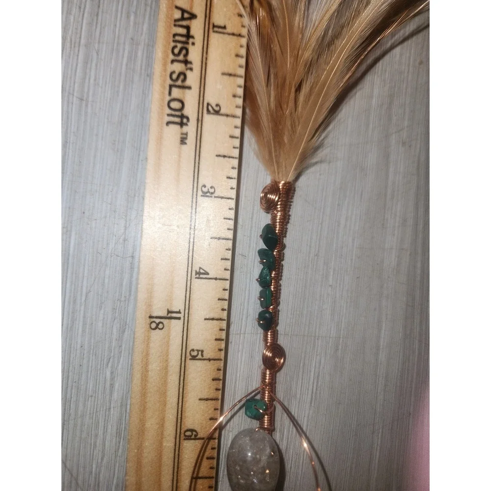 Malachite Rutilated Quartz Copper Wire Wrapped Feather Hair Pin Wand 14.5 Inch